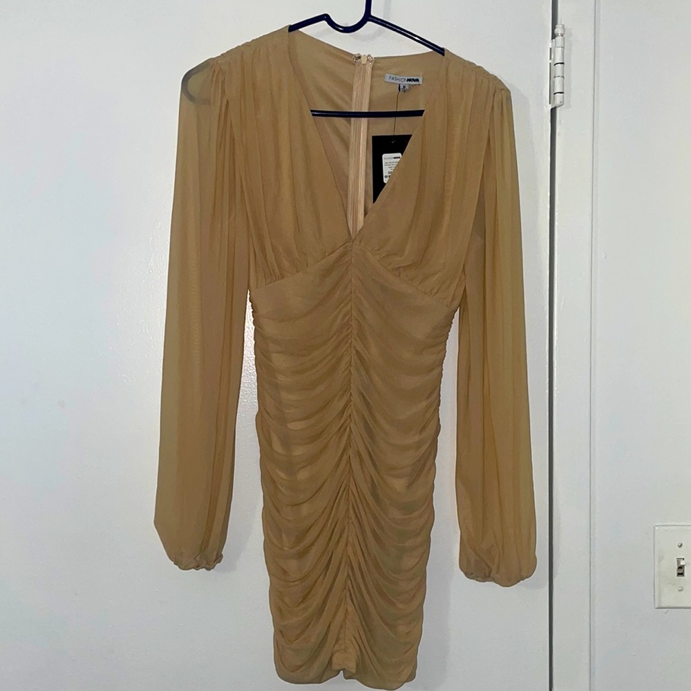 Taupe Mesh Ruched Mini Dress